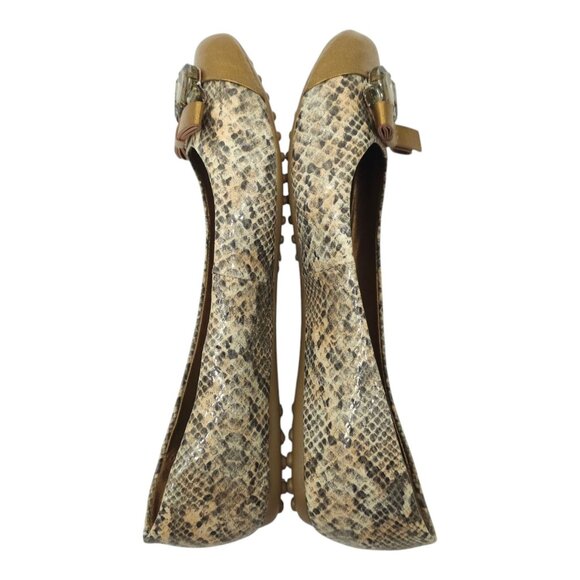 Libby Edelman Snakeskin Print Flats Women 8.5 M Golden Bronze Bow Toe Rhinestone - Picture 5 of 16